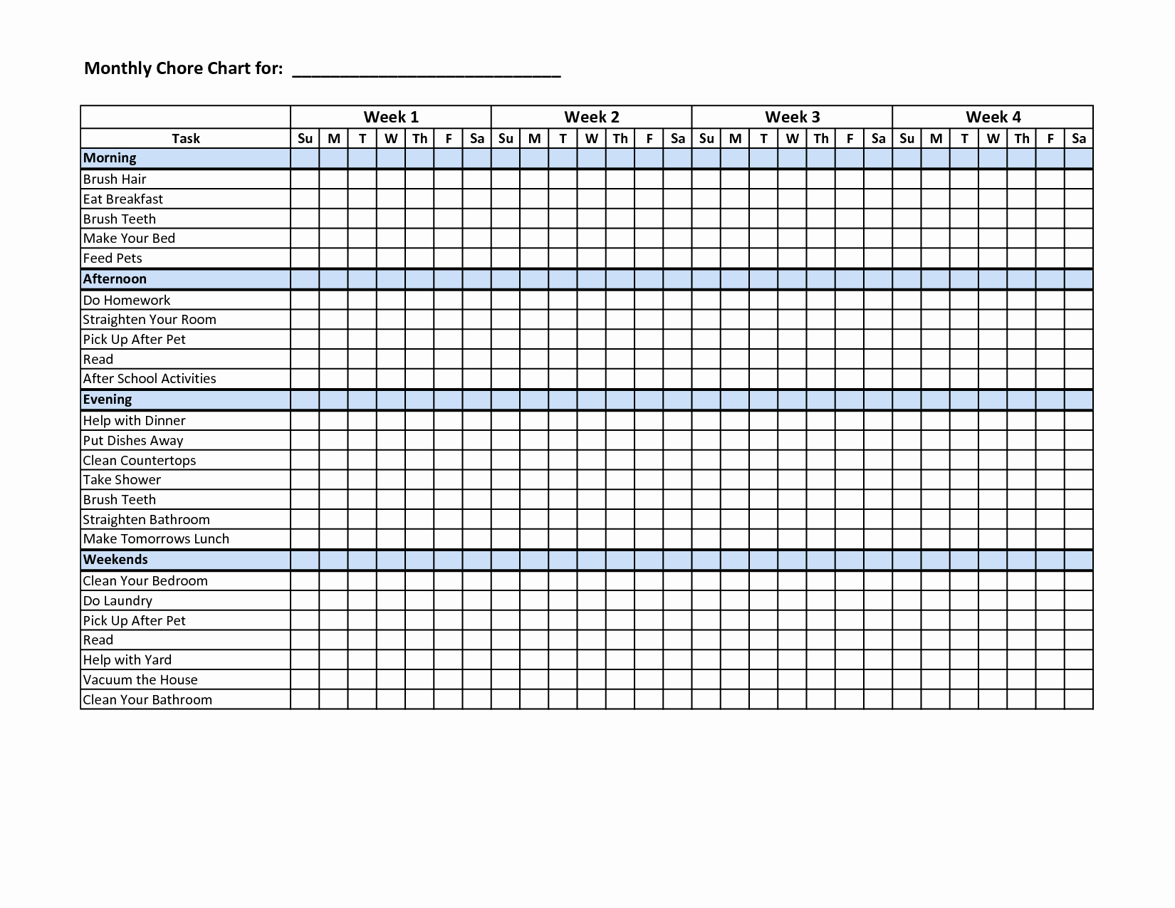 Chore Chart Template Excel Lovely Chore Charts for Multiple Children