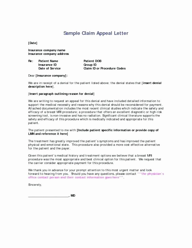 Claim Denial Letter Template Beautiful Appeal Letter Example Template for Health Insurance Denial