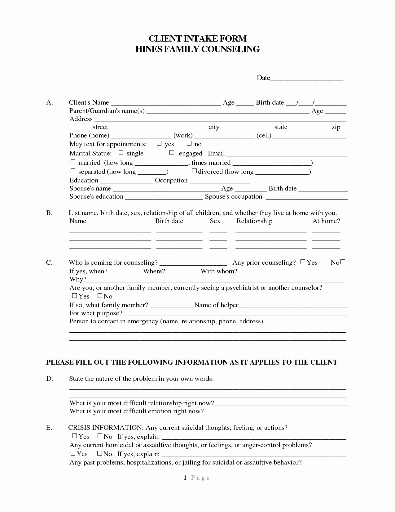 Client Intake form Template Beautiful Intake form for Counseling Clients Google Search