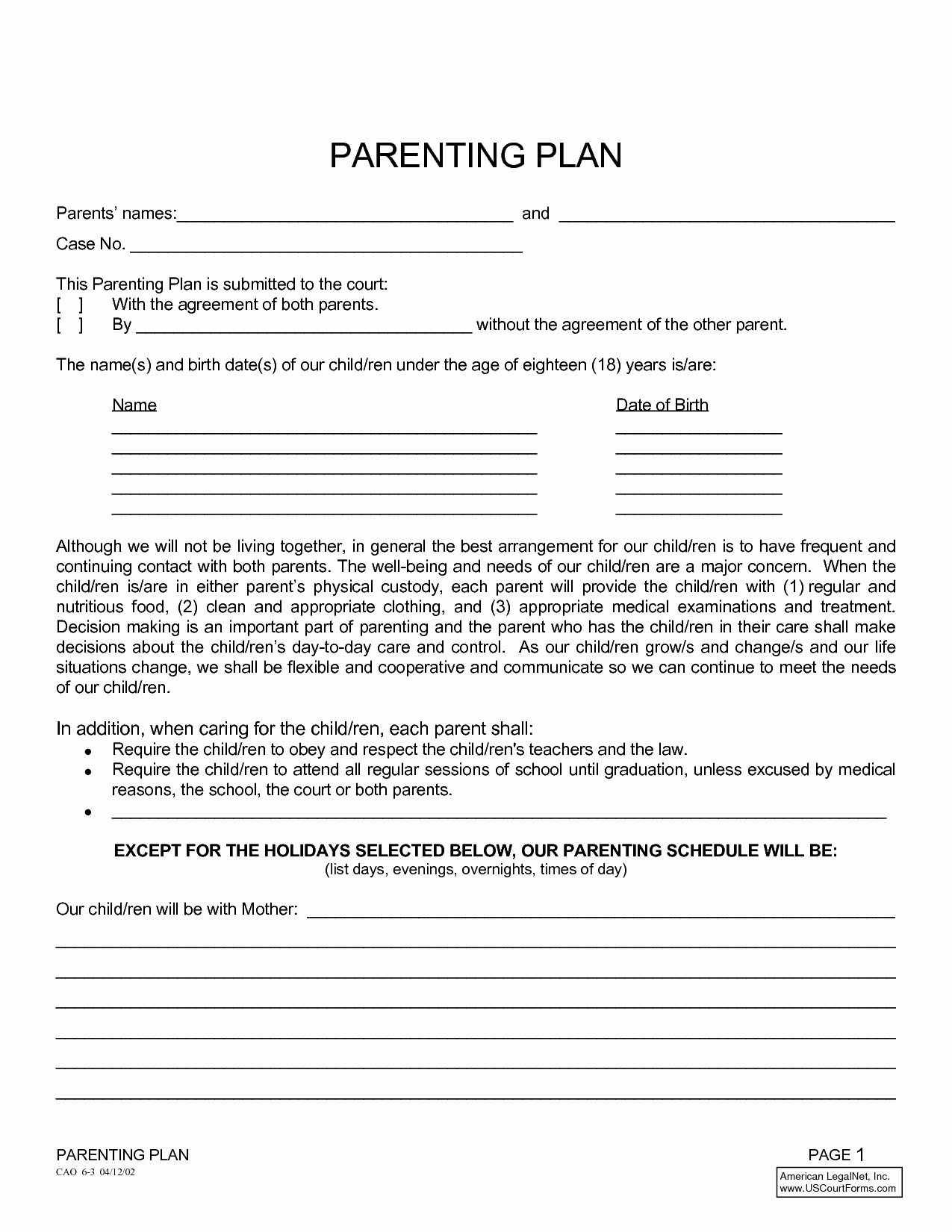 Co Parenting Agreement Template Inspirational 49 Special Parenting Plan Agreement Template Ze