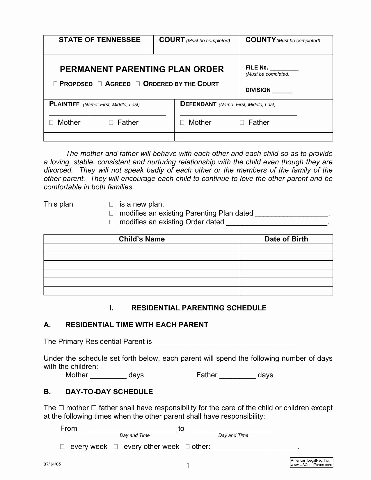 Co Parenting Agreement Template Lovely Child Visitation Schedule Template Choice Image