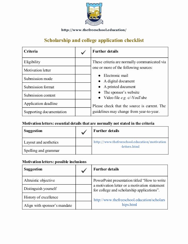 College Application Checklist Template Awesome Motivation Letter Checklist for College and Scholarship