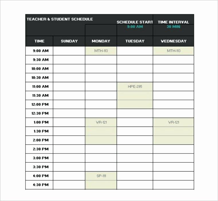 College Class Schedule Template Unique Student Schedule Template Sample Weekly Study Blank form