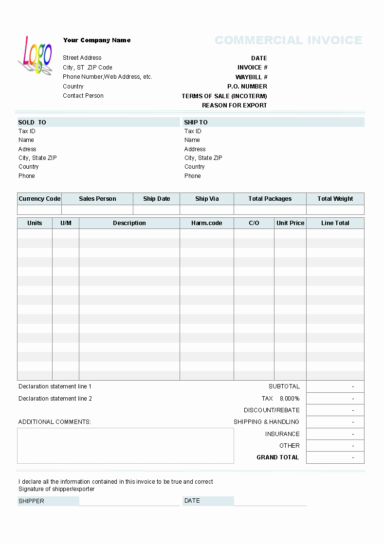 Commercial Invoice Template Excel Awesome Mercial Invoice Template Uniform Invoice software
