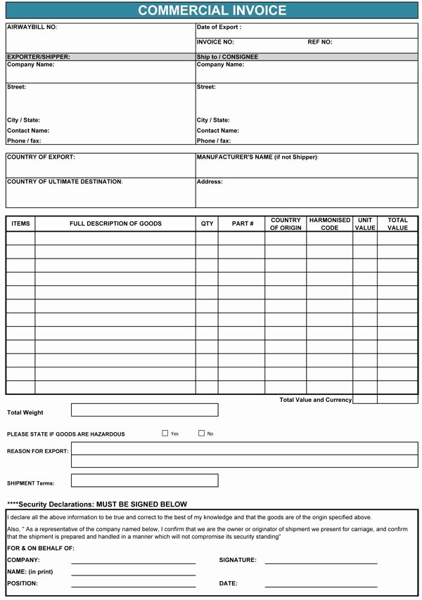 Commercial Invoice Template Excel Luxury Mercial Invoice form