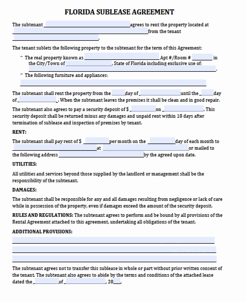 Commercial Sublease Agreement Template Elegant Free Florida Sub Lease Agreement Pdf