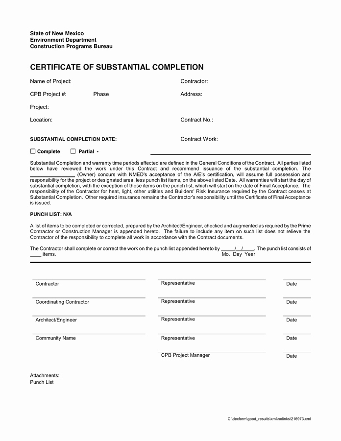 Construction Completion Certificate Template Awesome Certificate Of Substantial Pletion In Word and Pdf formats