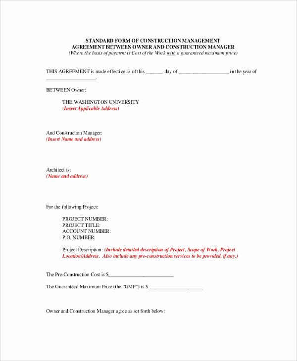 Construction Management Contract Template Inspirational 7 Sample Construction Agreement forms