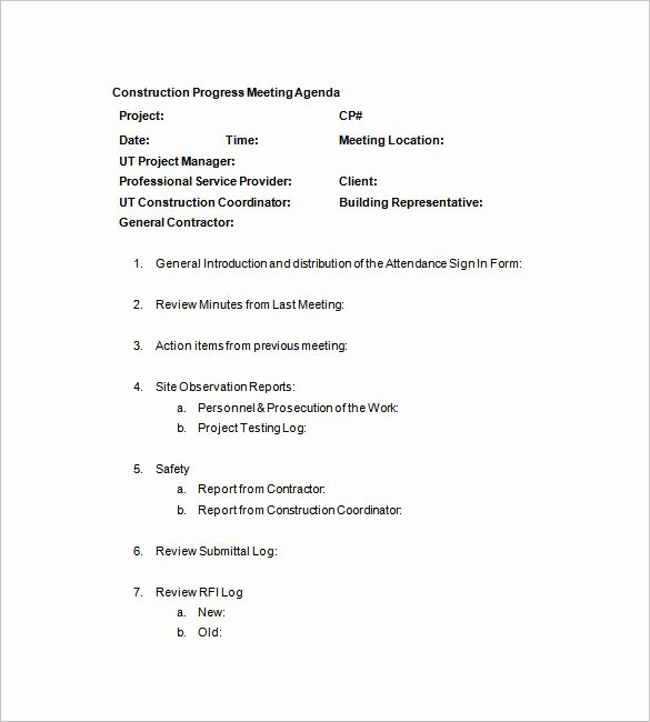 Construction Meeting Agenda Template Lovely Construction Meeting Minutes Templates 9 Free Sample