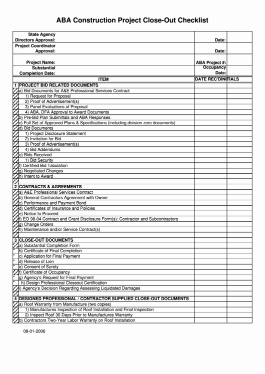 Construction Project Closeout Template Lovely Aba Construction Project Close Out Checklist Printable Pdf