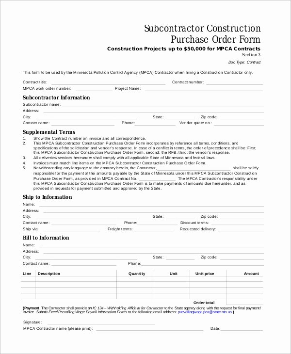 Construction Purchase order Template Beautiful 41 Purchase order Samples