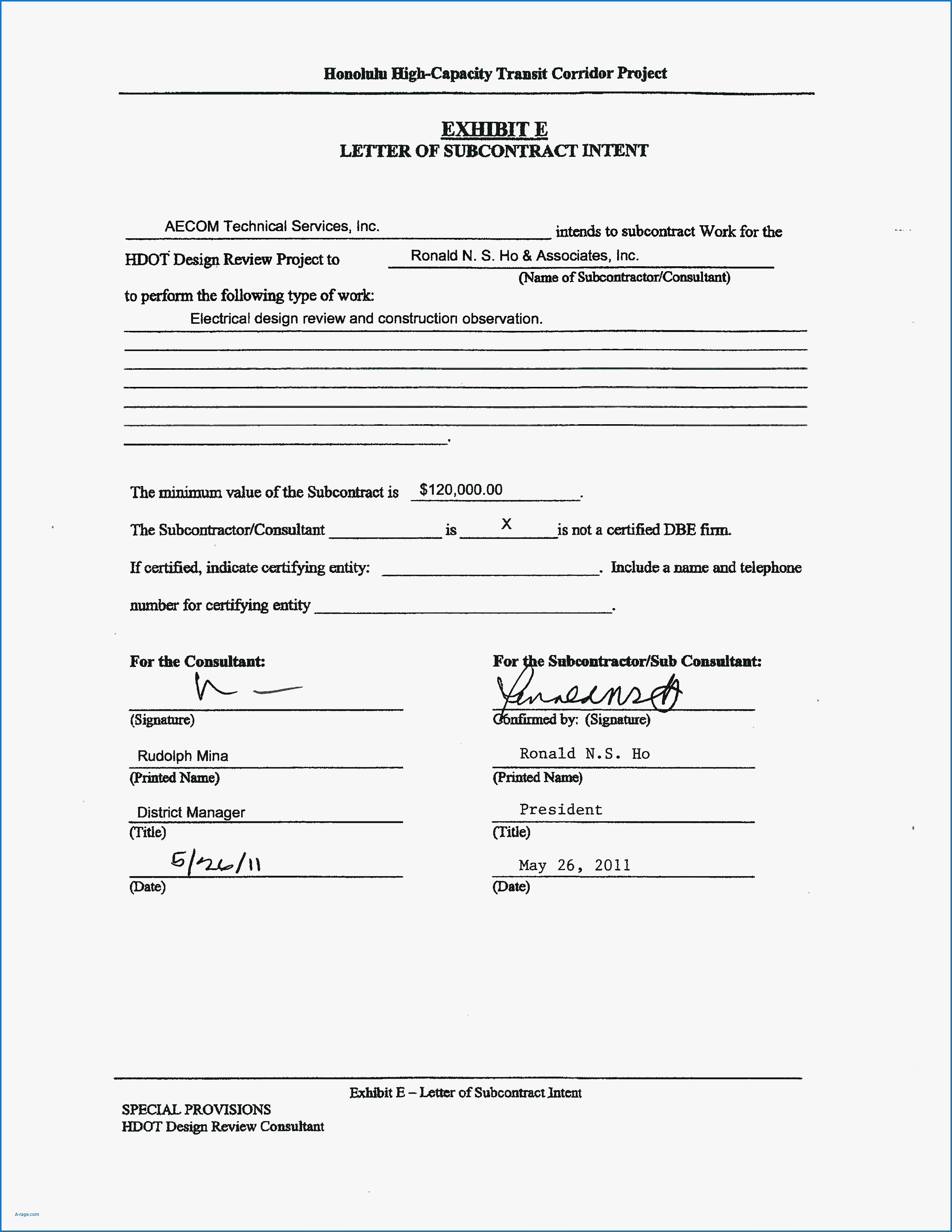 Construction Subcontractor Agreement Template Beautiful Subcontractor Letter Intent Template Samples