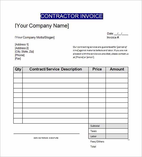 Contractor Invoice Template Excel Inspirational Sample Contractor Invoice Templates 14 Free Documents