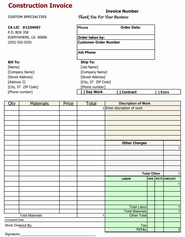 Contractor Invoice Template Free Lovely Construction Invoice Template