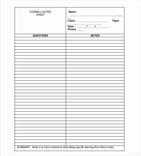 Cornell Notes Template Pdf Unique Blank Cornell Notes Template 5 Free Word Excel Pdf