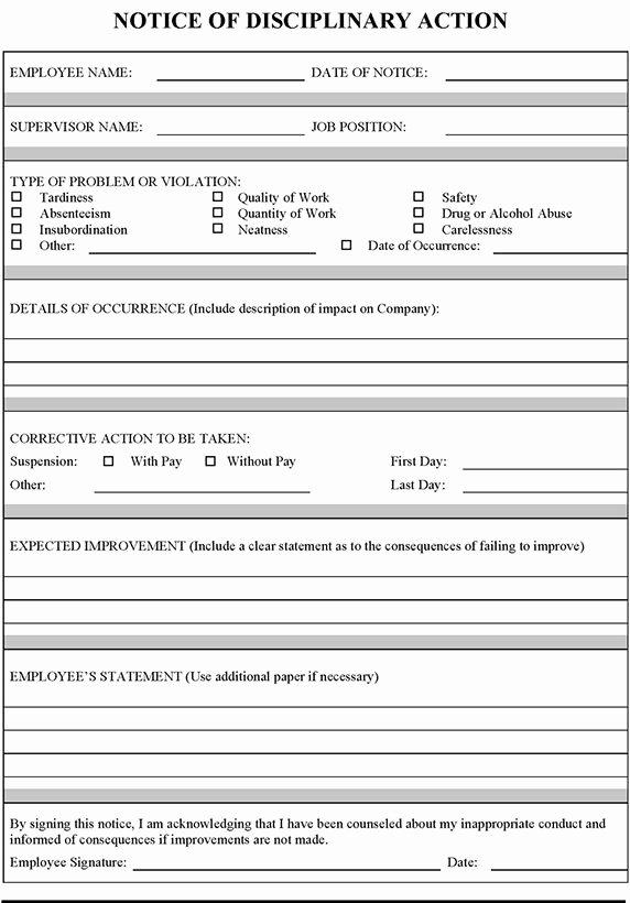 Corrective Action form Template Best Of Employee Disciplinary Action form Template