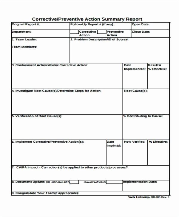 Corrective Action Report Template Inspirational Corrective and Preventive Action Plan Report form