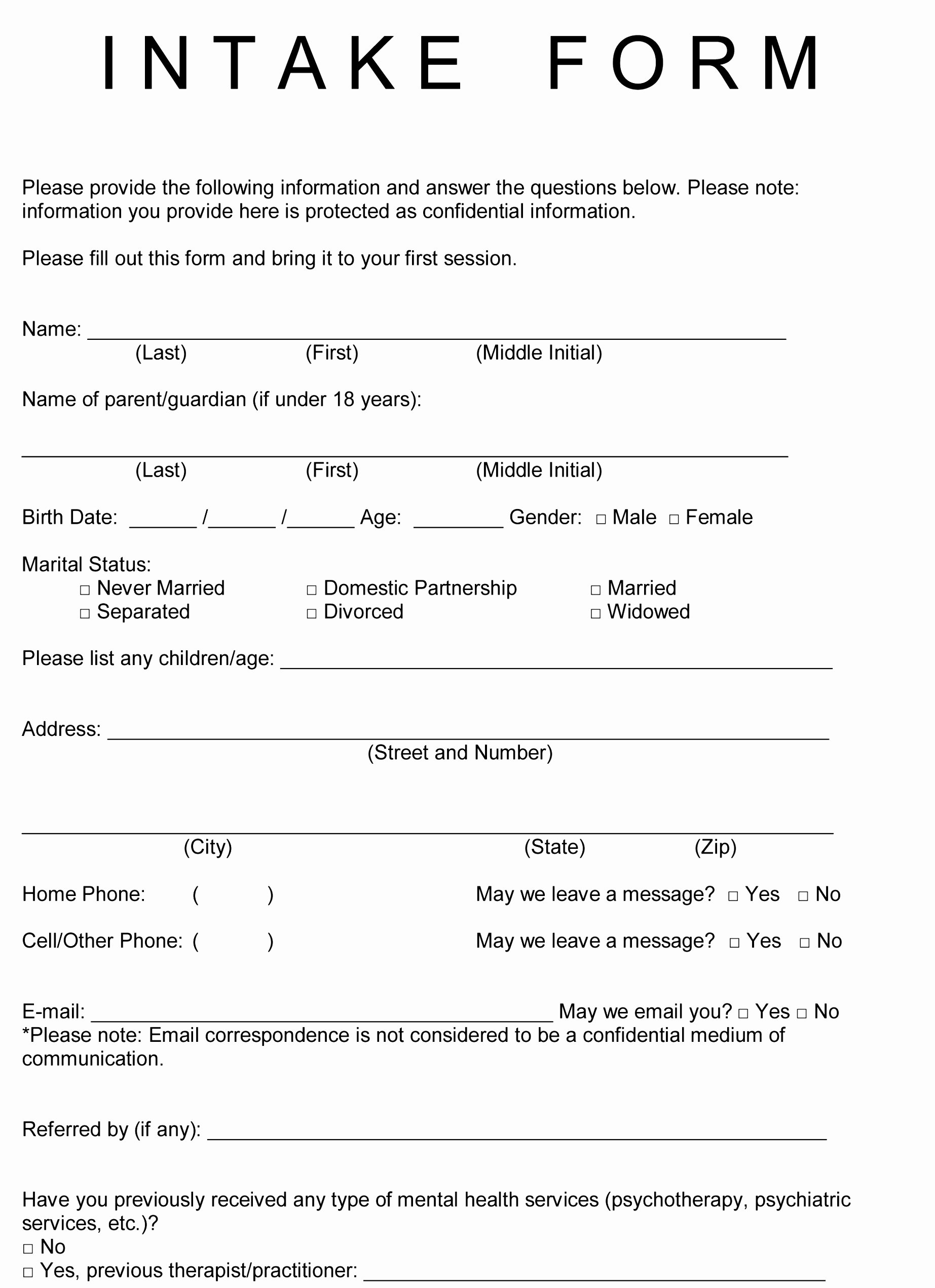 Counseling Intake form Template Luxury 10 Physical therapy Intake form Template Jruai
