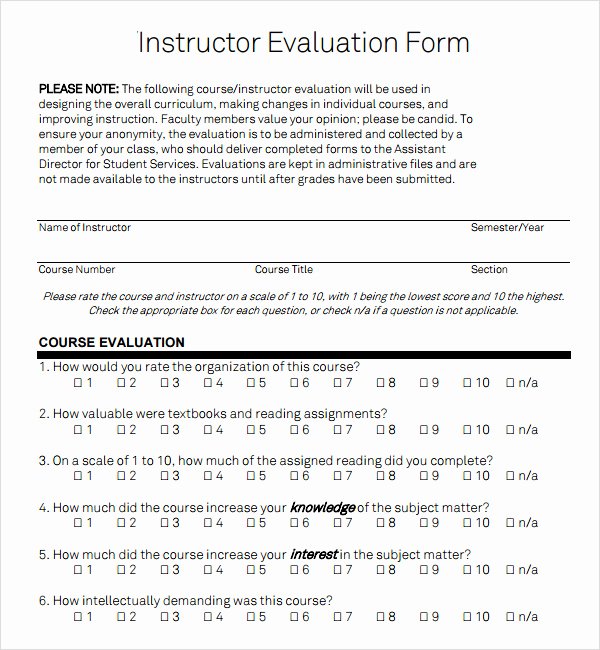Course Evaluation form Template Beautiful Instructor Evaluation form 8 Download Free Documents In Pdf
