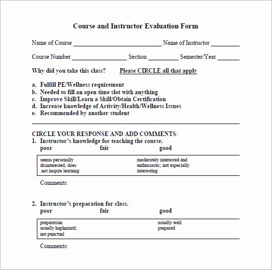 Course Evaluation form Template Best Of 6 Sample Instructor Evaluation forms
