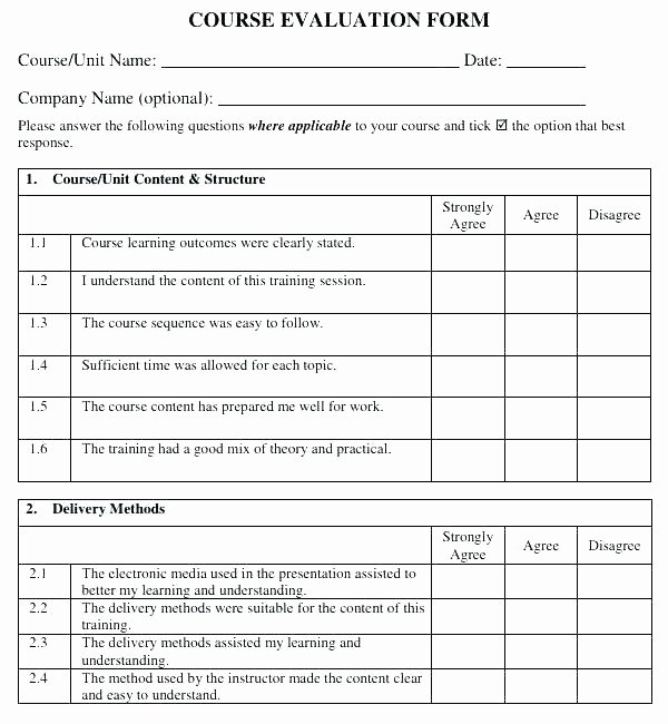 Course Evaluation form Template New Sample Instructor Evaluation form Training Template Pdf
