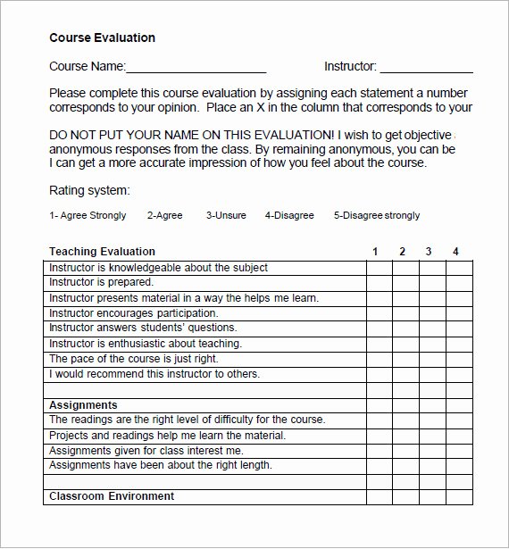 Course Evaluation Template Word Luxury 7 Class Evaluation Samples
