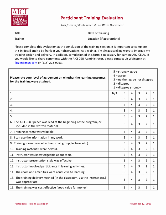 Course Evaluation Template Word Luxury Participant Training Evaluation Template In Word and Pdf