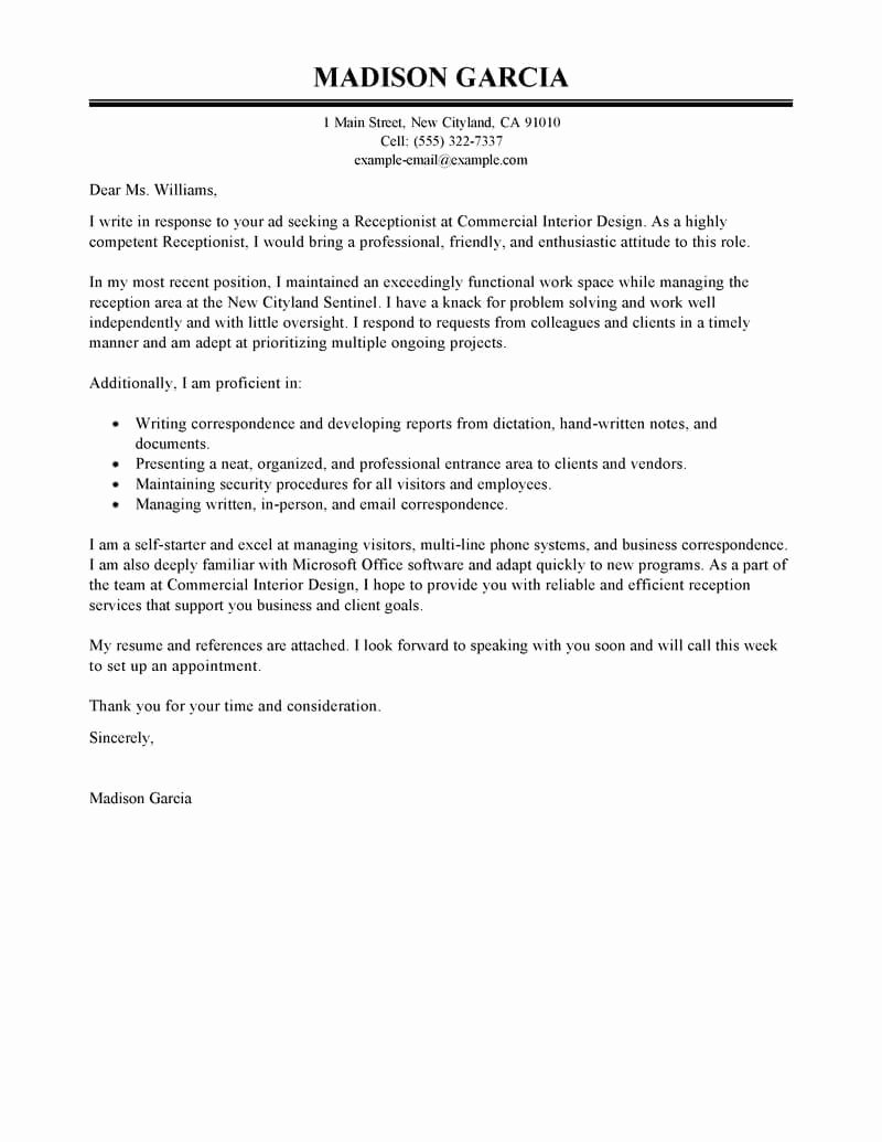 Cover Letter Template Receptionist Fresh Best Receptionist Cover Letter Examples