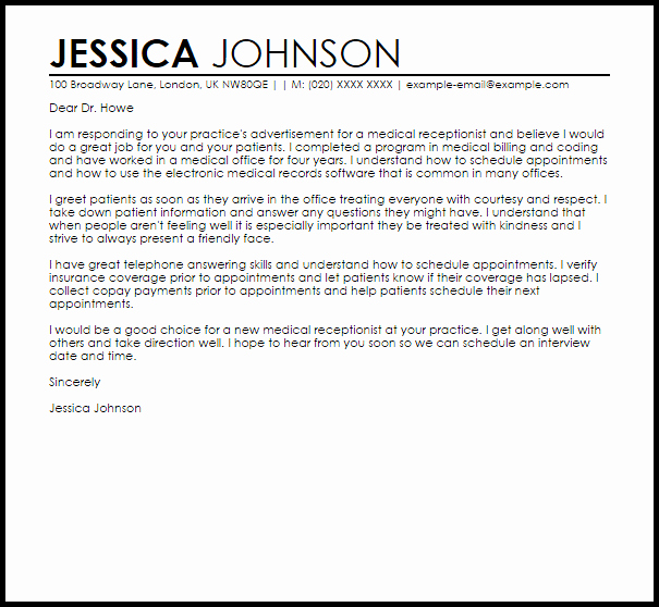 Cover Letter Template Receptionist New Medical Receptionist Sample Cover Letter