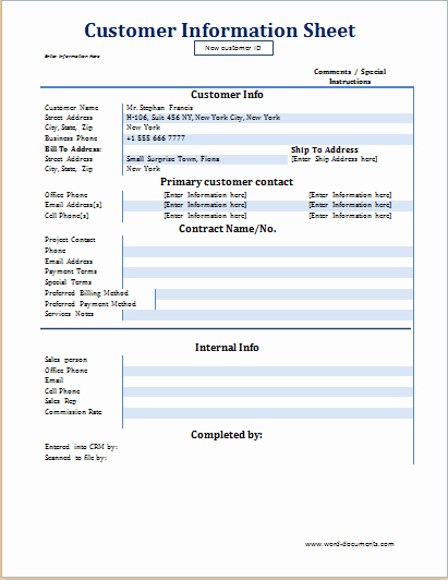 Customer Information Sheet Template New Customer Information Sheet Template at Word Documents
