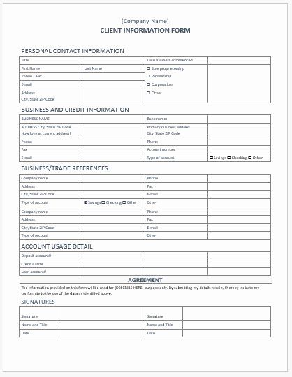Customer Information Sheet Template Unique Client Information form Template for Word