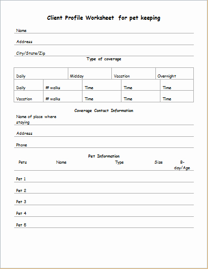Customer Profile Template Excel New Client Profile Worksheet for Pet Keeping