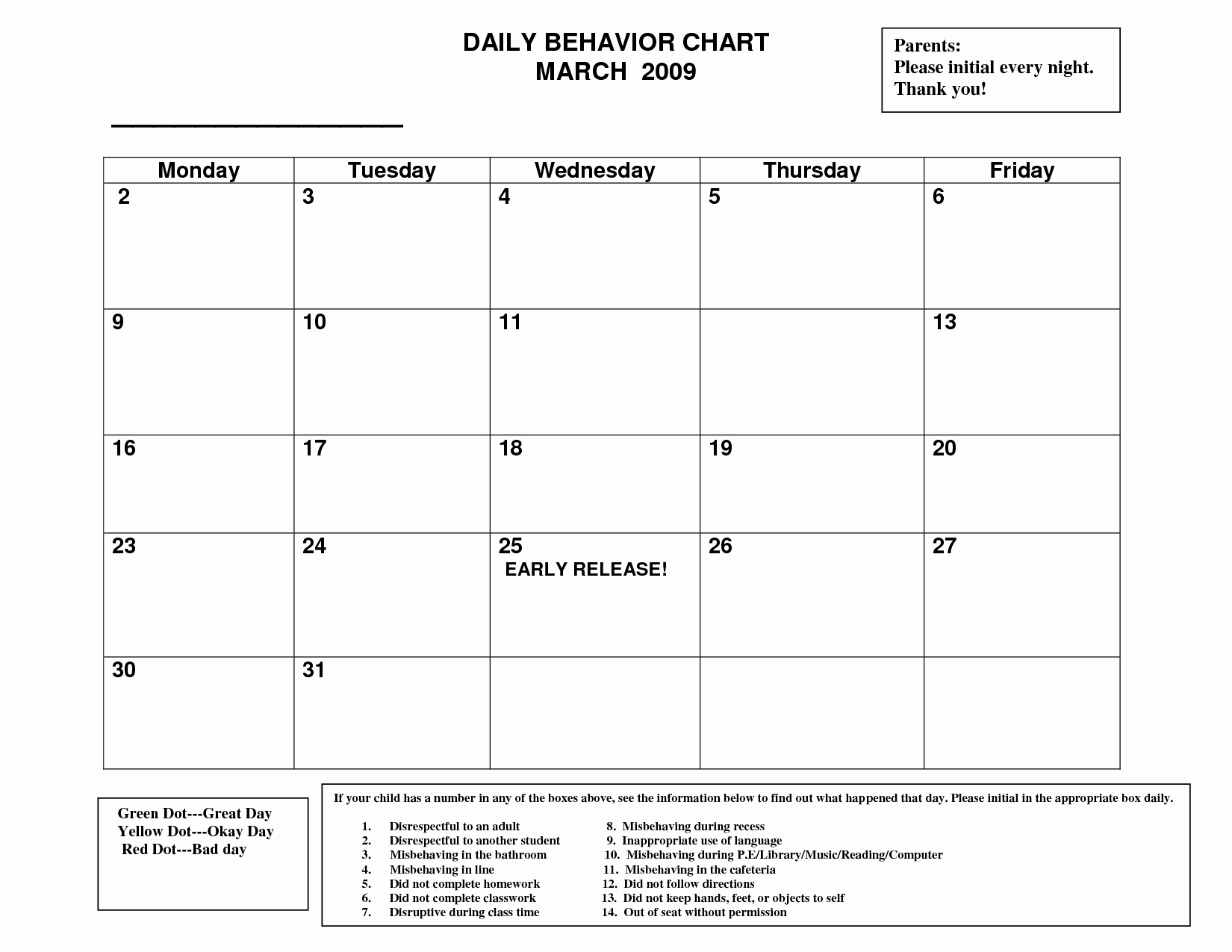 Daily Behavior Chart Template Elegant 10 Best Of for Daily Behavior Point Chart Child