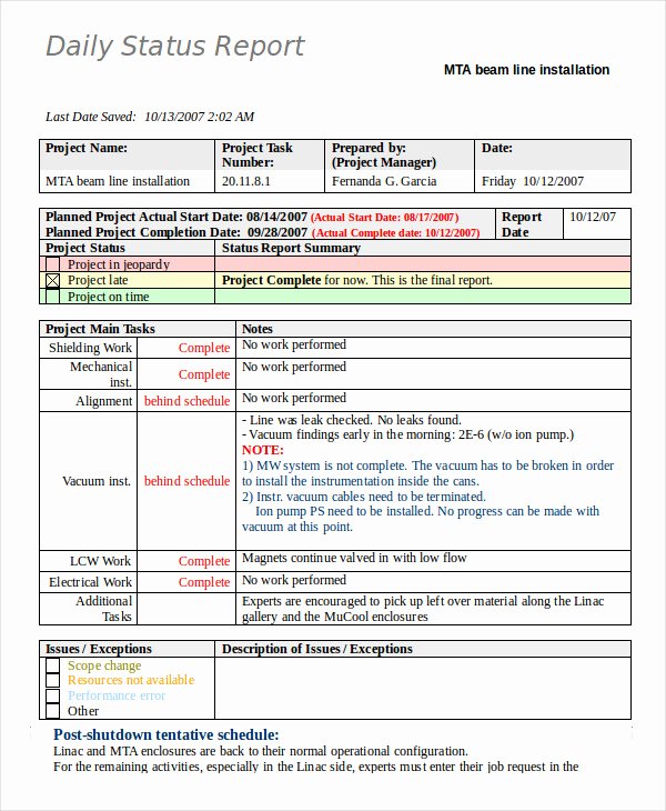 Daily Status Report Template Unique Status Report Template 18 Free Word Pdf Documents
