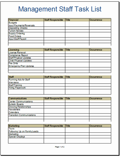 Daycare Staff Schedule Template Inspirational Management Staff Task List for Child Care Directors