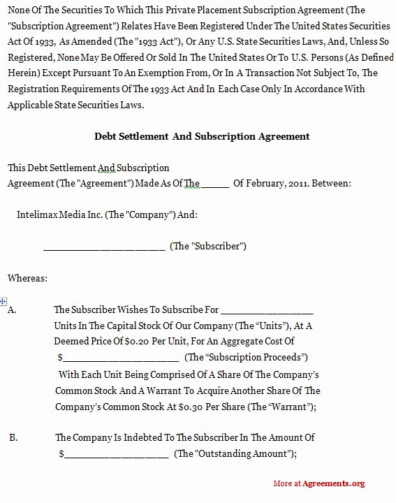 Debt Settlement Agreement Template Inspirational Debt Settlement and Subscription Agreement Sample Debt