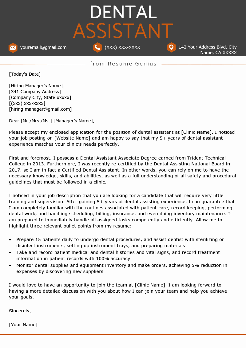 Dental assistant Resume Template Awesome Dental assistant Cover Letter Example