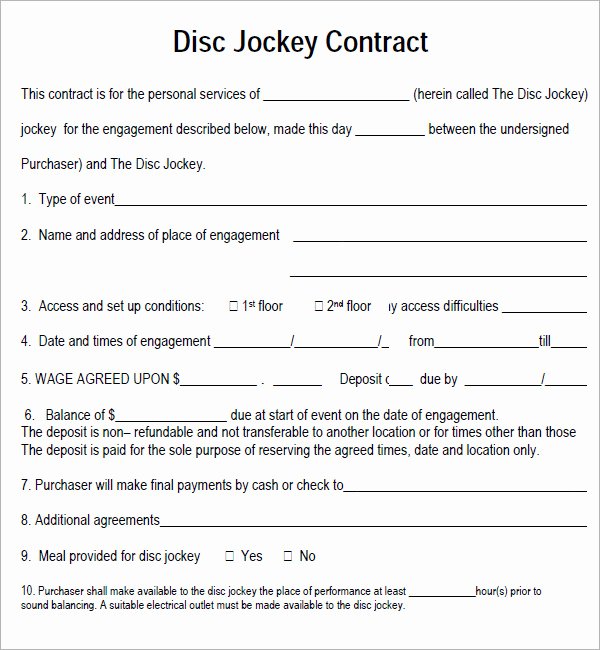 Disc Jockey Contracts Template Fresh Printable Disc Jockey Contract Template Example with