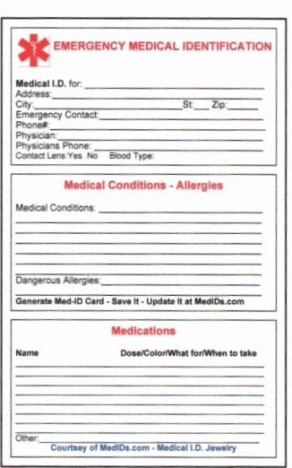 Emergency Information Card Template New Free Printable Medical Id Cards