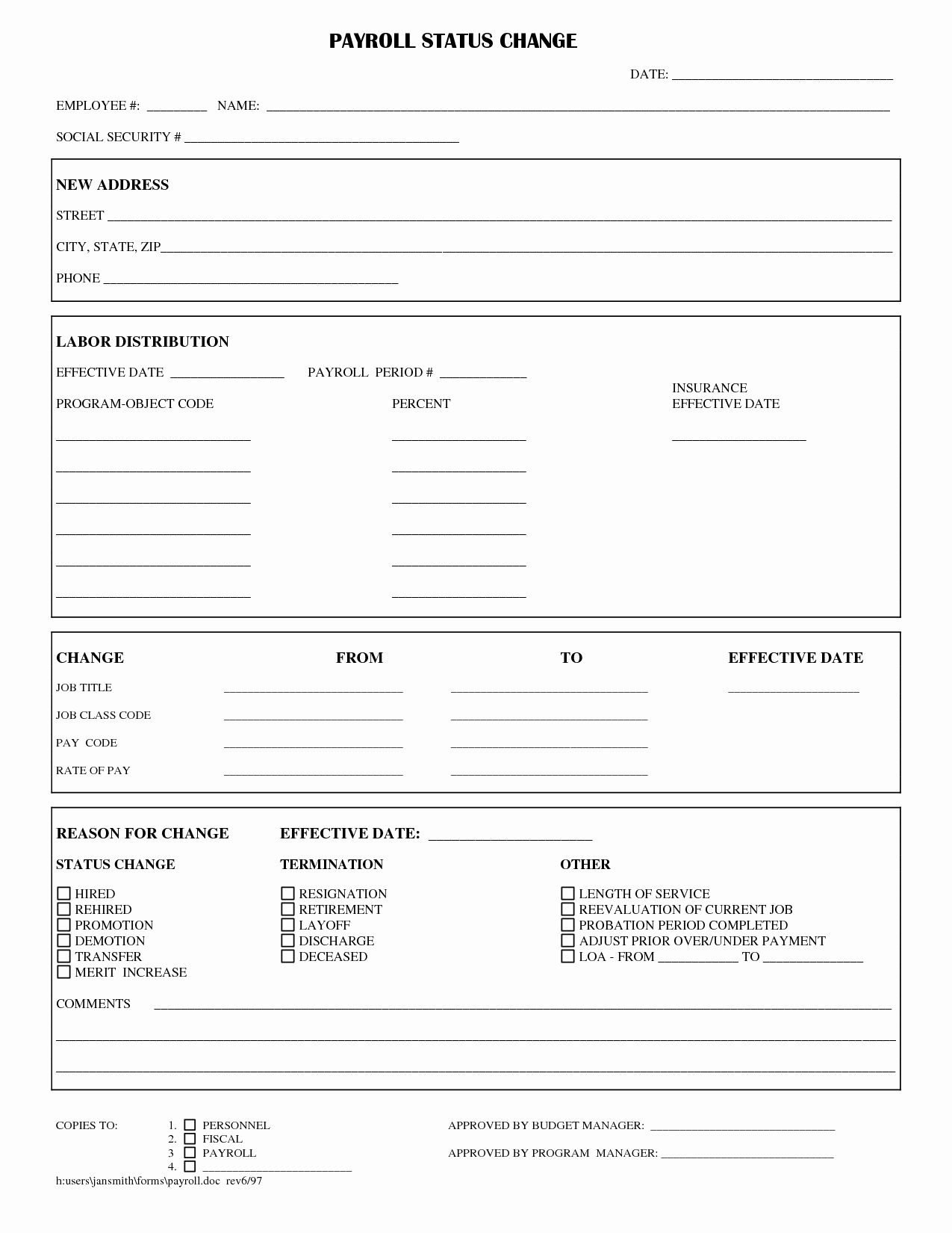 Employee Change form Template Lovely Employee Status Change forms Word Excel Samples