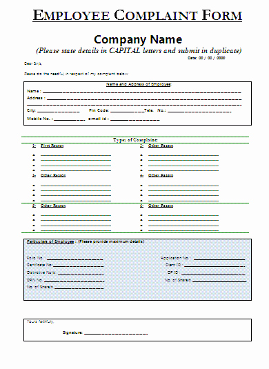 Employee Complaint form Template Best Of Employee Plaint form