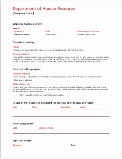 Employee Complaint form Template Inspirational Employee Plaint forms for Ms Word