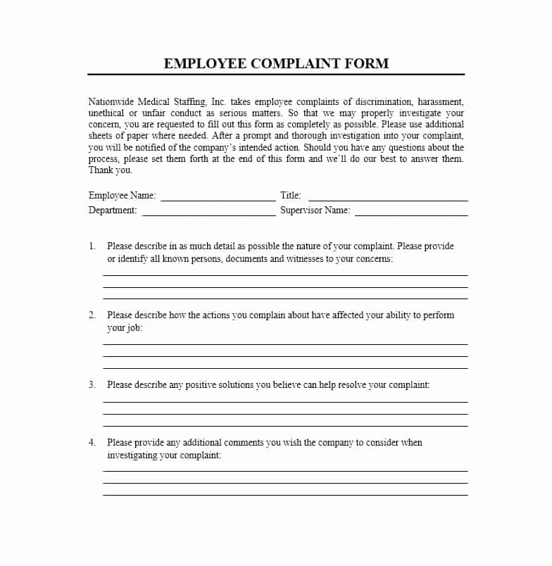 Employee Complaint form Template New 49 Employee Plaint form &amp; Letter Templates Template