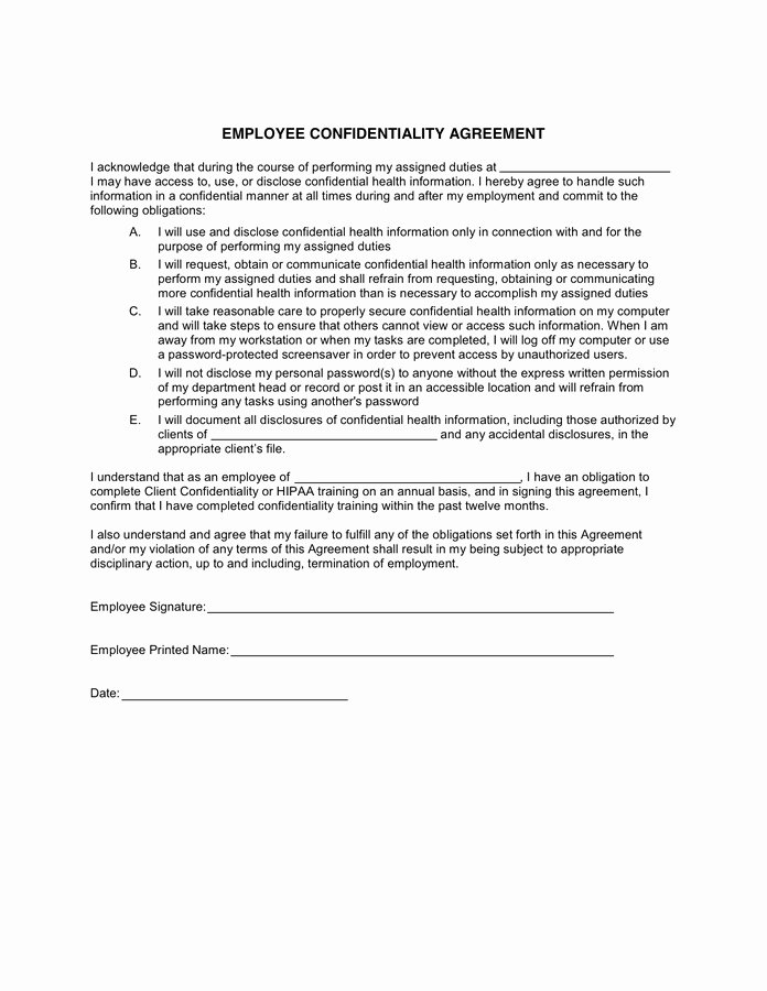 Employee Confidentiality Agreement Template Awesome 24 Simple Free Hipaa Employee Confidentiality Agreement