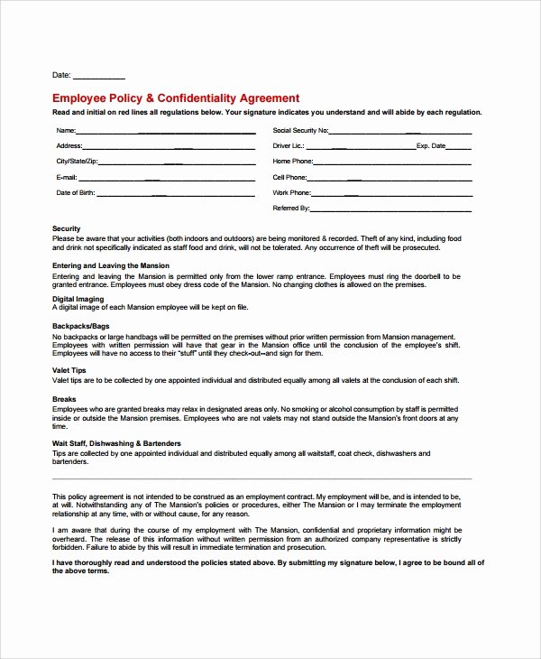 Employee Confidentiality Agreement Template Fresh Sample Staff Confidentiality Agreement 7 Documents In