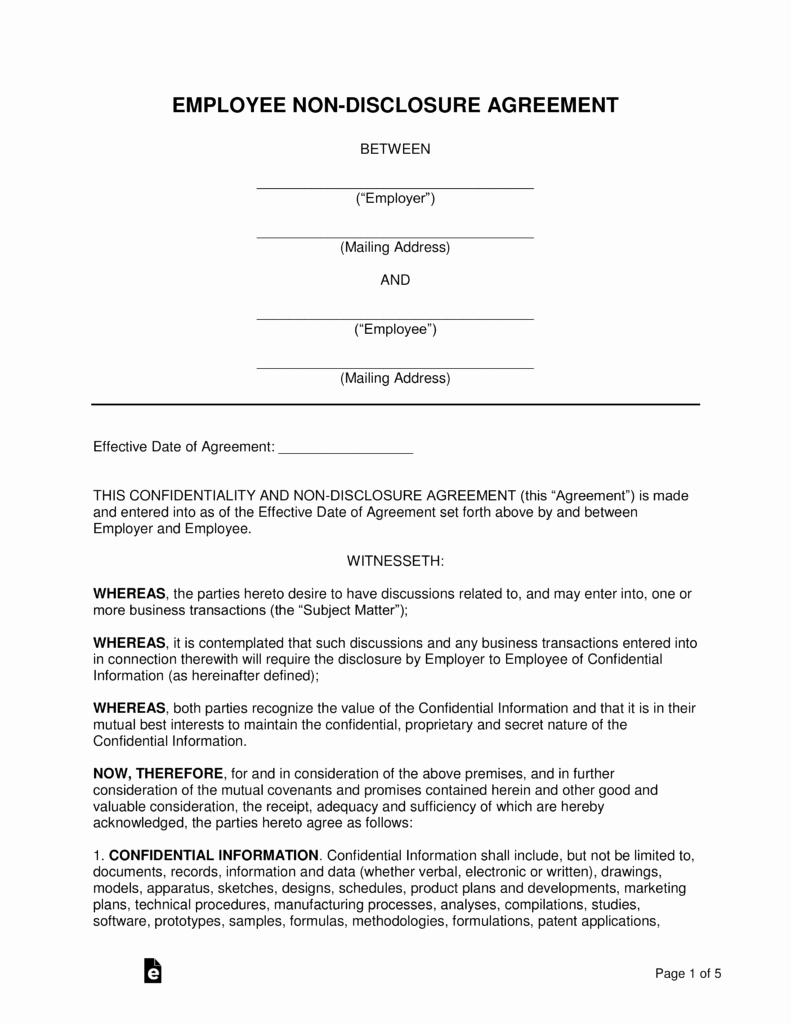 Employee Confidentiality Agreement Template New Employee Non Disclosure Agreement Nda Template