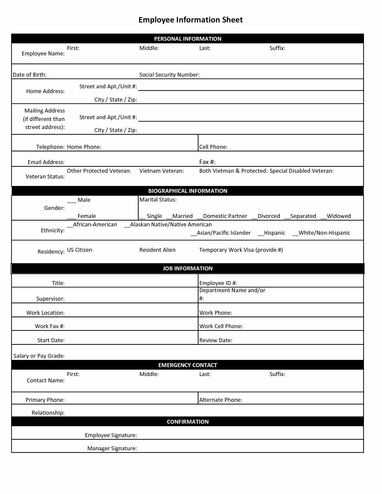 Employee Information form Template Awesome 4 Best Of Free Printable Personal Information Sheet