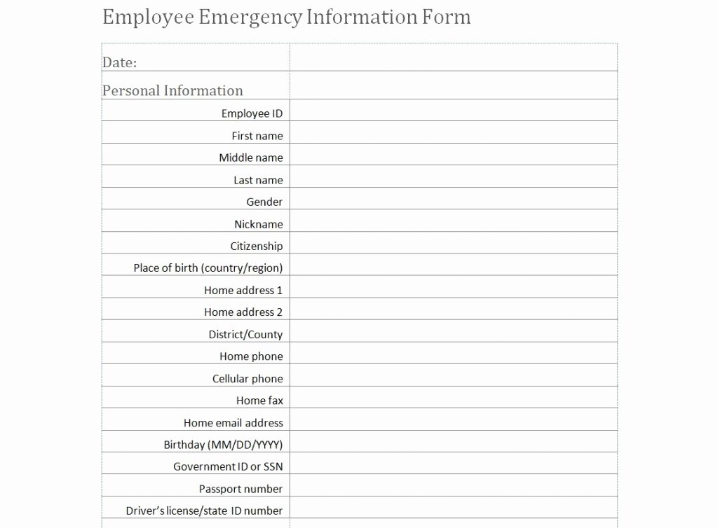 Employee Information form Template Elegant Employee Emergency Information form Template