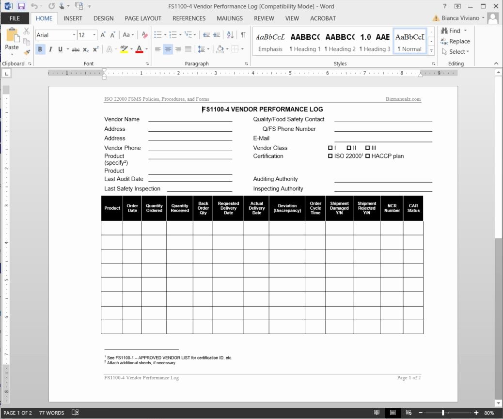 Employee Performance Log Template Unique Fsms Vendor Performance Log Template