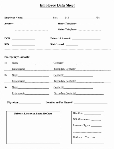 Employee Personnel File Template Awesome Employee Information Sheet Business forms